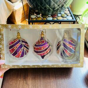 3 New domain purple pink gold set of Christmas ornaments